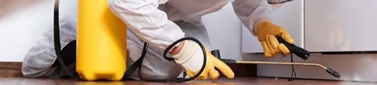 Roach exterminator treating cracks and crevices along kitchen baseboards in Arlington, TX