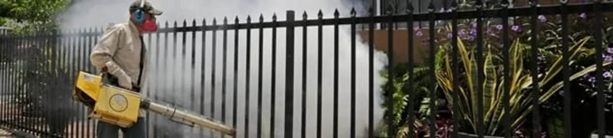 Mosquito control technician fogging a yard perimeter for mosquito reduction in Arlington, TX